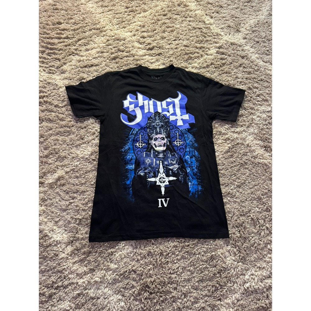Ghost Band Papa Emeritus IV Blue Stained Glass Graphic T-Shirt Black Large